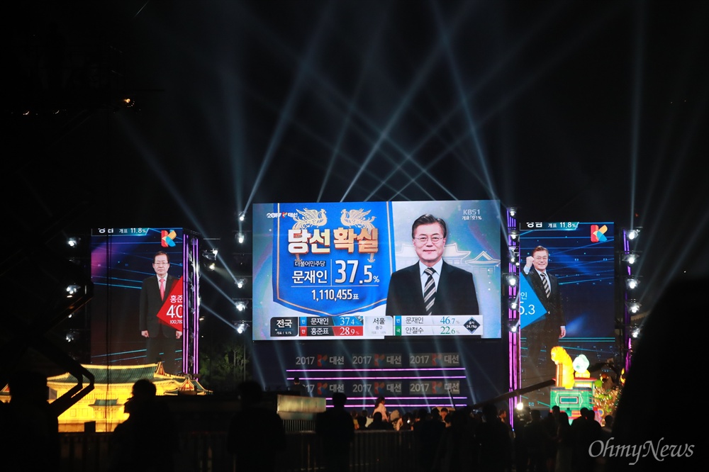 제19대 대통령선거 투표가 치뤄진 9일 오후 서울 광화문광장에 설치된 방송사 개표방송 화면에 더불어민주당 문재인 후보 '당선 확실'  화면이 뜨고 있다. 