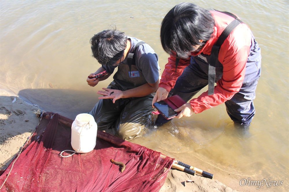  어류를 연구하는 성무성(대학원)씨와 손차영 마산창원진해환경운동연합 활동가가 9일 오후 낙동강의 지류인 합천 황강 하류에서 물고기를 관찰하고 있다.