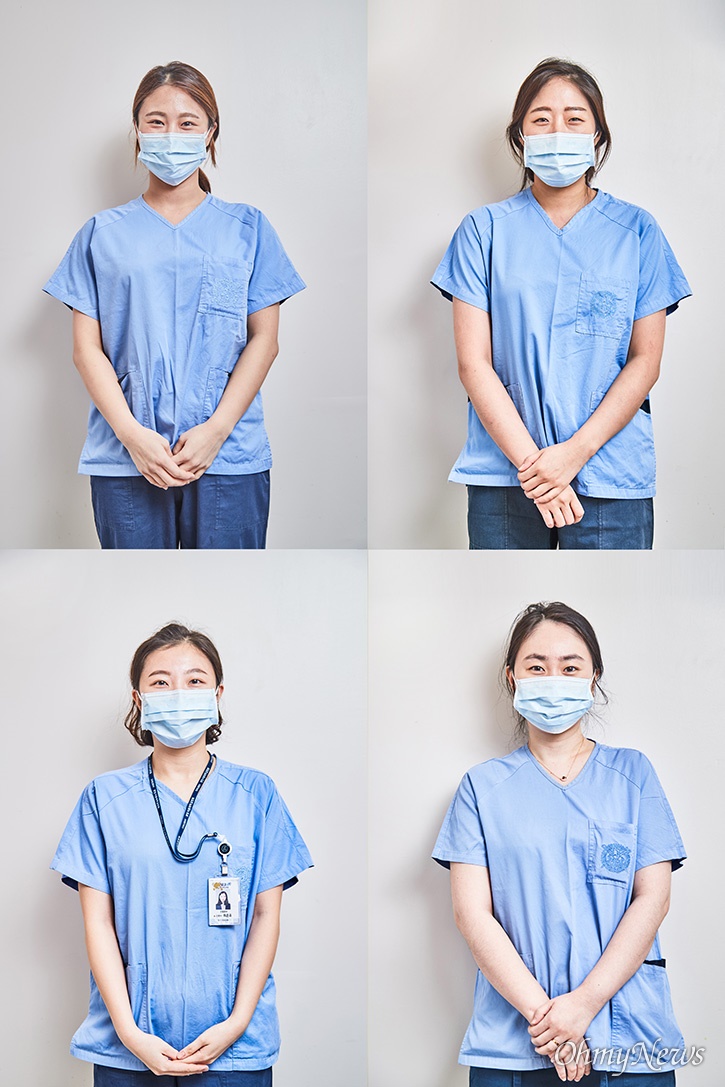  분당서울대병원 39감염관리병동에서 코로나19 환자들을 돌보는 임민주 간호사 (위 왼쪽,) 최온유 간호사 (위 오른쪽), 전하은 간호사(아래 왼쪽), 한단비 간호사(아래 오른쪽)가 산업용 레벨 D 방호복을 입고 있는 모습.