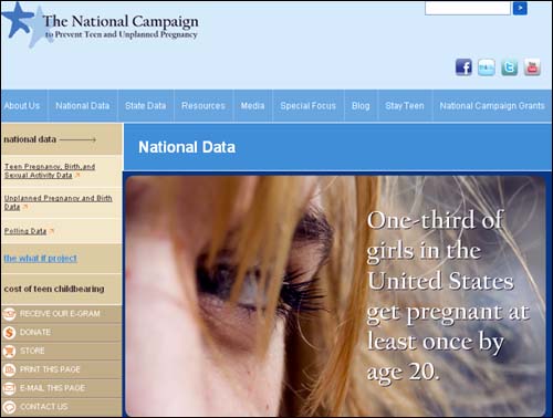 미국의 '10대 소녀들의 임신을 예방하기 위한 전국 캠페인' 본부에 따르면 20세가 될 때까지 최소 한 번의 임신을 경험하는 미국의 10대 소녀는 전체의 1/3이나 된다고 한다. (출처 : The National Campaign to Prevent Teen and Unplanned Pregnancy)