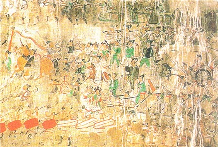안악 3호 무덤의 벽화에 그려진 고구려인들의 모습. 황해도 안악군 소재. 