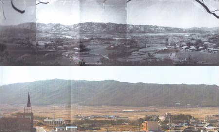신라 수도인 경주의 남쪽에 있는 남산. 위쪽 사진은 1932년에 조선총독부 주관 하에 촬영된 것이고, 아래쪽 사진은 오늘날 촬영된 것이다. 출처는 <경주 신라 유적의 어제와 오늘>. 