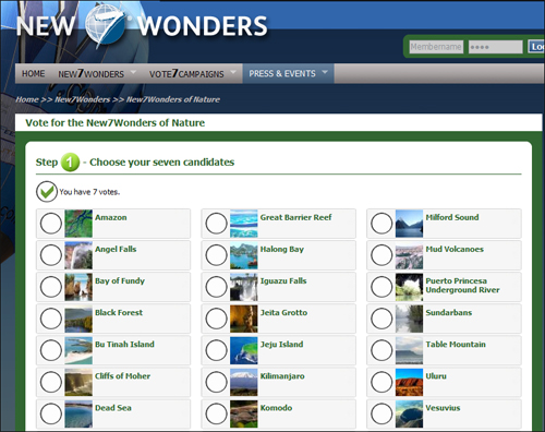 세계 7대 자연경관 선정 투표를 주관하고 있는 뉴세븐원더스재단 홈페이지. 
