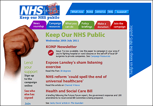 "NHS 민영화 반대"를 주장하는 웹사이트.