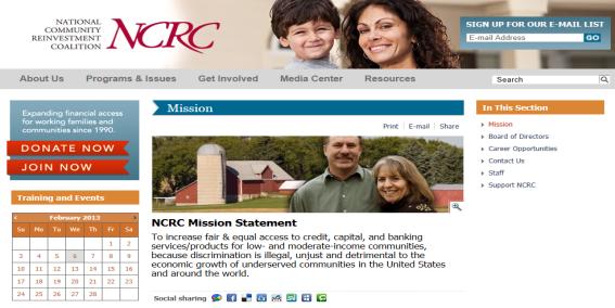 CRA 준수를 감시, 촉진하기 위해 설립된 비영리단체 NCRC의 누리집(www.ncrc.org)