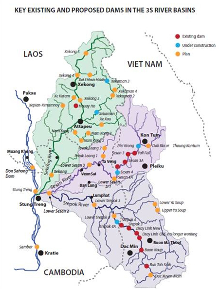캄보디아 북동쪽 라타나끼리지방의 세개의 강(세산, 스레폭, 세콩)에 예정된 댐 건설 현황. 
