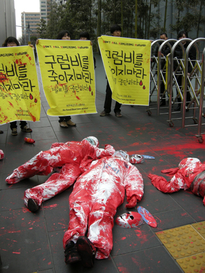 2012년 3월, 발파된 구럼비를 표현한 퍼포먼스, 서울 삼성물산 앞