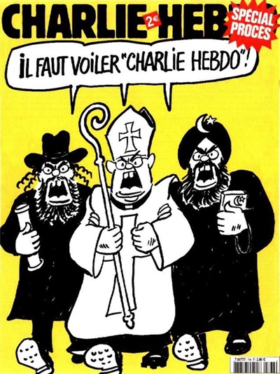 가톨릭과 유대교, 이슬람교가 함께 샤를리 에브도에게 "샤를리 에브도를 가둬야 한다"고 말하고 있다. 샤를리 에브도 표지 그림.
