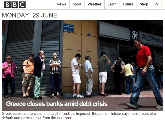 그리스 정부의 은행·증시 폐쇄 발표를 보도하는 BBC 뉴스 갈무리.