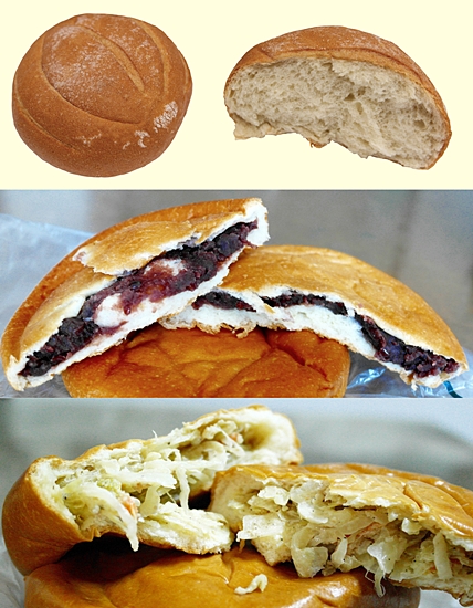 월빙빵으로 알려지는 블루빵과 앙금빵, 야채빵.(위에서 부터) 
