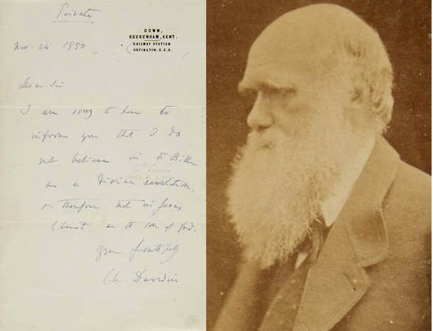 뉴욕 경매사이트 '본햄스'에 찰스 다윈의 종교적 소신을 담은 친필 편지가 경매에 나왔다. 사진은 다윈의 편지와 다윈의 모습이다.
