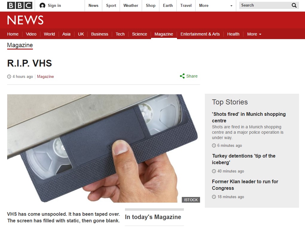  VCR(Video Cassette Recorders) 생산 중단을 보도하는 BBC 뉴스 갈무리.