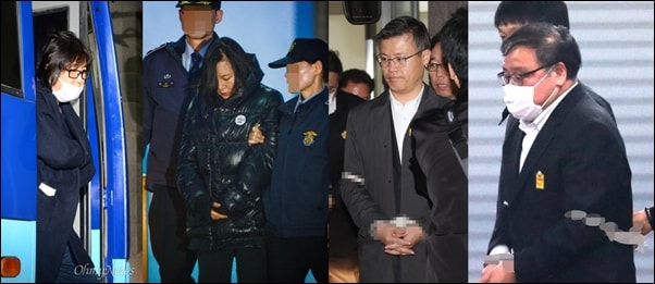  박근혜 게이트에 연루된 최순실, 장시호와 안종범, 정호성 전 청와대 비서관이 구속돼 검찰 조사를 받기 위해 이동하고 있다.