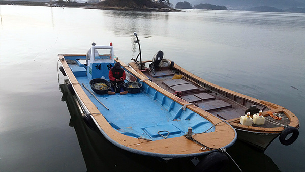  낙지를 잡기위해 배 위에서 어구를 준비하는 어민 모습  