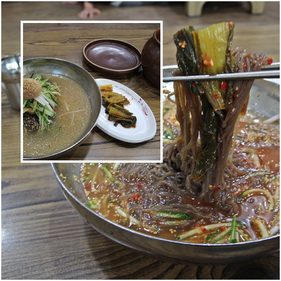  여서동 한국가나식당은 큰 그릇에 칡 냉면을 한가득 푸짐하게 내준다.