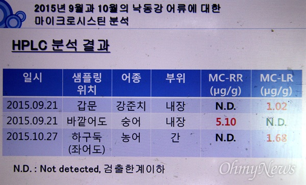  2015년 9월과 10월의 낙동강 어류에 대한 마이크로스시틴 분석.