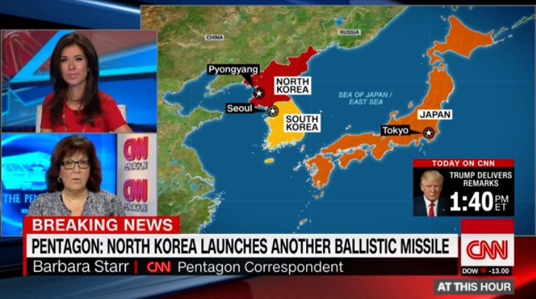  북한의 탄도미사일 발사를 보도하는 CNN 뉴스 갈무리.