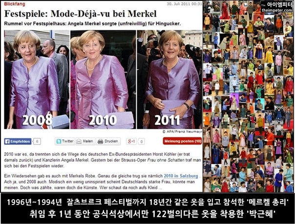  독일 메르켈 총리는 같은 옷을 계속 입고 다니면서 언론에 화제가 됐고, 박근혜씨는 공식석상에서 매번 옷을 바꿔 입어 논란이 됐다.