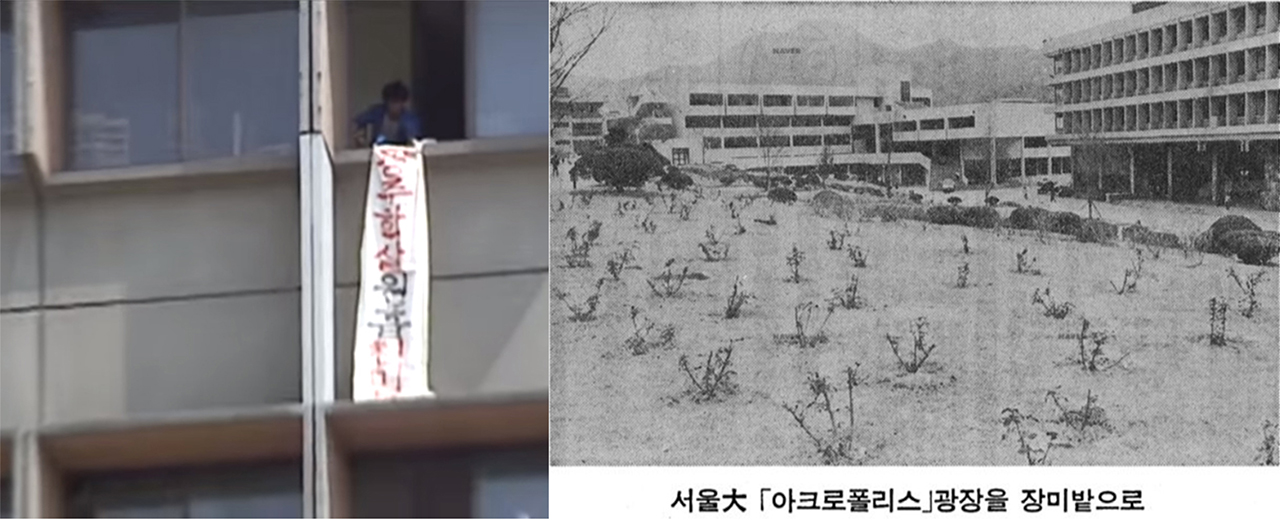  당시 서울대학교에서 아크로폴리스 광장을 내려다보는 도서관 난관에서 기습적으로 시위를 벌이곤 했다. 관계기관의 압력으로 학생들이 모이는 광장 잔디는 가시가 있는 장미로 대체됐다.  