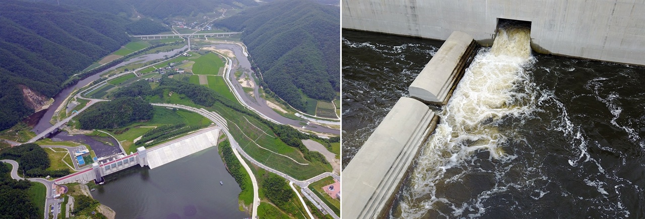 영주댐에서 하류의 내성천으로 물을 흘려보내고 있다(사진 좌측). 그런데 영주댐 방류구에서 나오는 물은 시커먼 녹조간장이다.(사진 우측) 