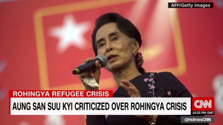  아웅산 수치 미얀마 국가자문역의 로힝야족 사태 관련 국정연설을 보도하는 CNN 뉴스 갈무리.