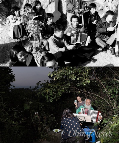 아코디언을 연주하는 1980년 10월의 문정현과 2015년 10월의 문정현. 35년의 세월이 흘렀지만 고단한 이들과 함께 울고 함께 웃는 문정현의 노래는 멈추지 않았다.

