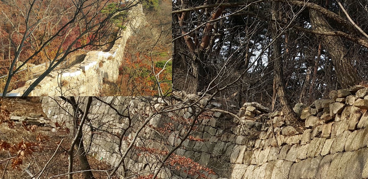 나한봉과 나월봉 구간의 성벽 북한도에 성문 비슷한 표시가 보이지만 처음부터 이곳에는 성문이 존재하지 않았다. 작은 사진은 보수 공사를 끝낸 후의 모습이다