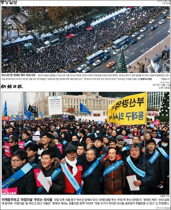  문재인 케어를 반대하는 의사 집회를 1면에 배치해 보도한 중앙일보와 조선일보. 