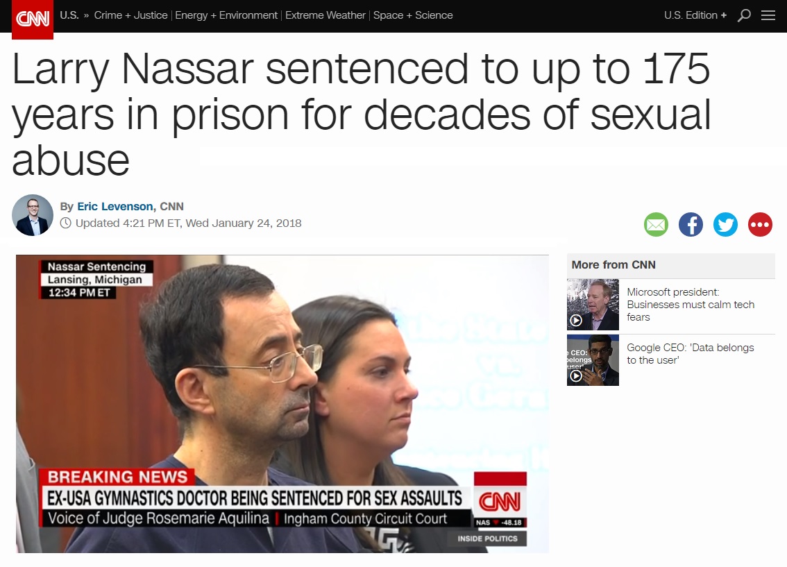 래리 나사르 미국 체조 국가대표팀 주치의 성범죄 선고 결과를 보도하는 CNN 뉴스 갈무리.