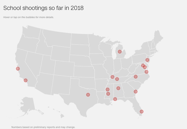 2018년 미국에서 벌써 17번의 학교 총기난사 사건이 발생하였다