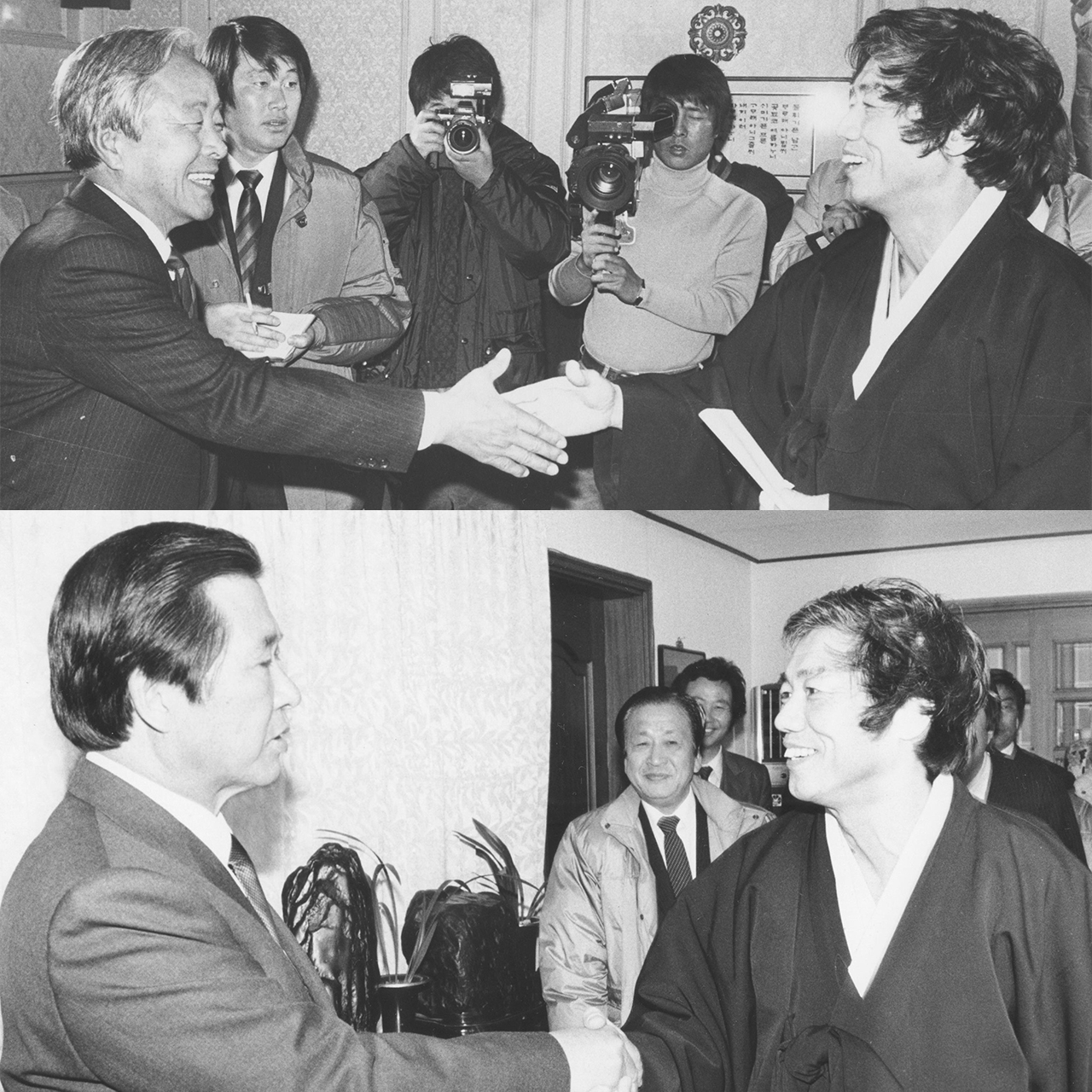 독자후보론의 후보 백기완은 1987년 12월 10일과 11일에 걸쳐 각각 김영삼(위)과 김대중(아래)을 만나서 대통령 후보 단일화에 대한 마지막 노력을 기울였으나 허사가 되고 말았다.