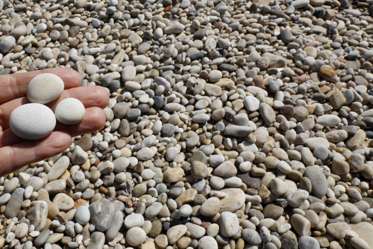 송이도 해변의 몽돌. 바둑알만한 것부터 주먹만한 것까지, 비교적 작은 하얀 몽돌이 지천으로 깔려 있다.