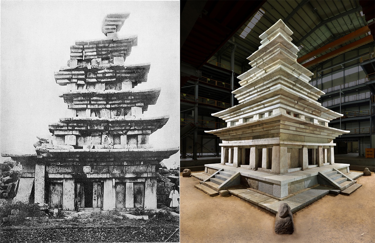 미륵사지 석탑(국보11호) 1910년 동측면(왼쪽),수리 후 동북측면(오른쪽)