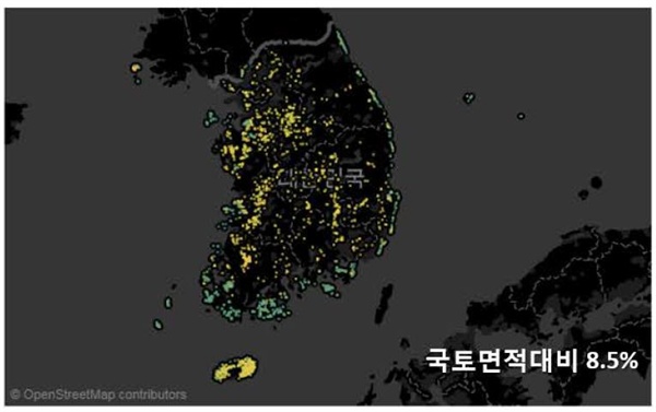  경제성 있는 태양광발전 시장잠재량은 321기가와트. 국토면적의 8.5%가량 필요. (출처: 한국에너지기술연구원)