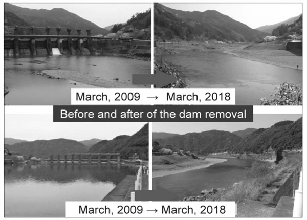  아라세 댐 철거 전과 후의 모습 비교하는 츠르쇼코 씨의 프리젠테이션
