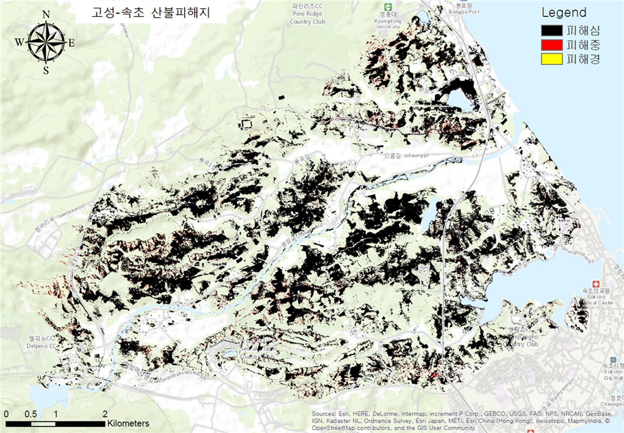 산림청으로부터 고성산불과 관련해 받은 위성으로 촬영한 사진을 바탕으로 제작된 지도.