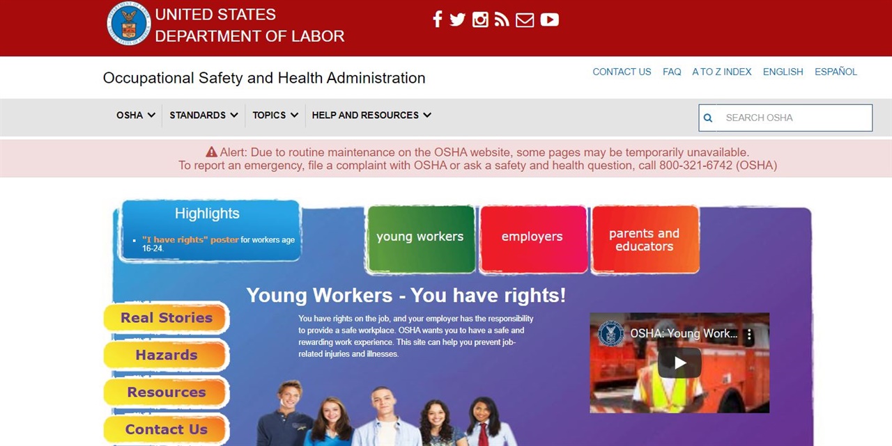 미국 OSAH의 youngwoker 관련 홈페이지 메인 화면(https://www.osha.gov/youngworkers/)