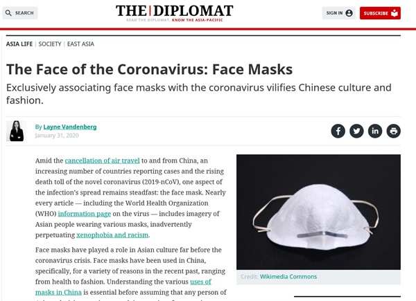  <더 디플로매트>(the Diplomat)에 실린 '코로나바이러스의 얼굴, 안면 마스크'(The Face of the Coronavirus: Face Masks). 