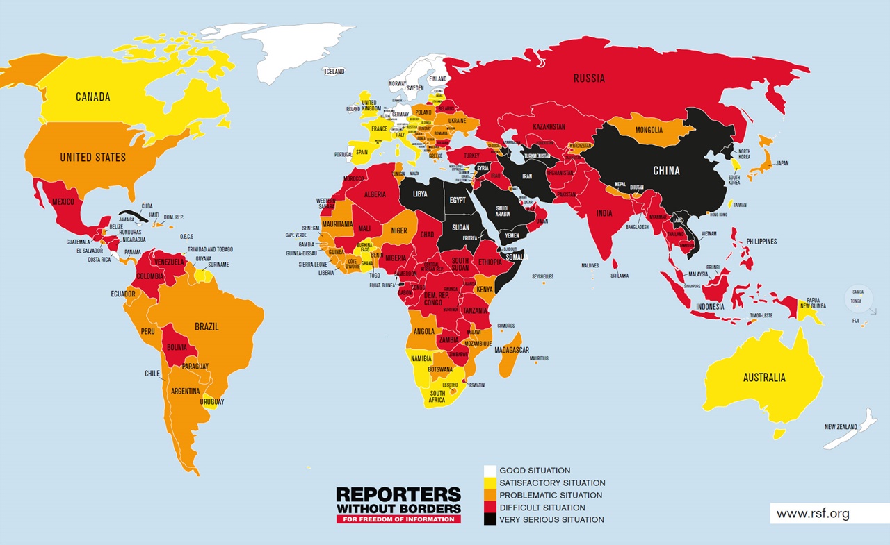 세계 언론자유지수 지도. 색깔이 진할수록 언론 자유 상황이 나쁜 나라다.