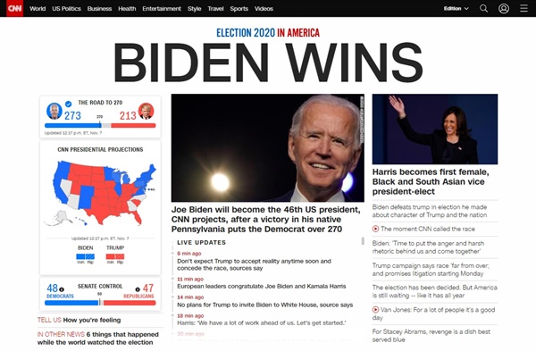  조 바이든 민주당 후보의 2020 미국 대선 승리를 보도하는 CNN 뉴스 갈무리.