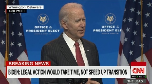  조 바이든 미국 대통령 당선인의 기자회견을 중계하는 CNN 뉴스 갈무리.