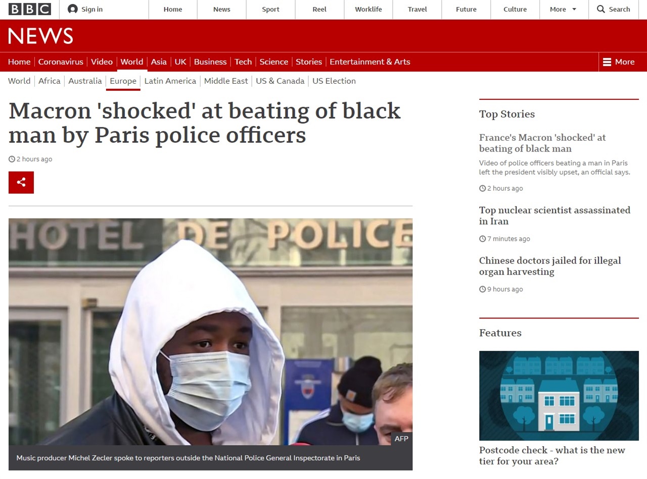 프랑스 경찰의 흑인 남성 집단 구타 사건 논란을 보도하는 BBC 뉴스 갈무리.