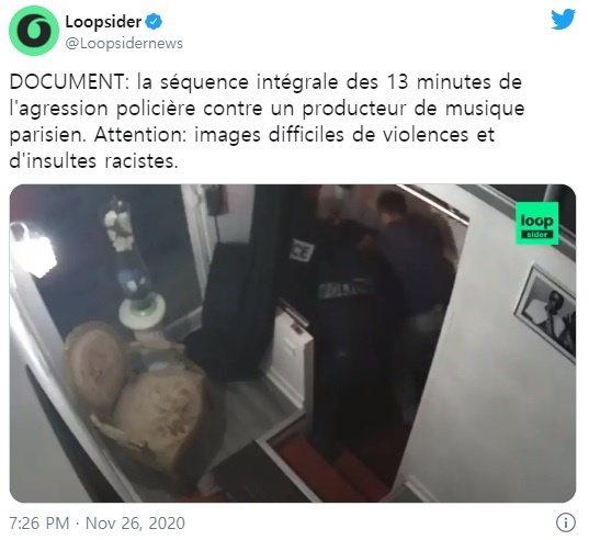  프랑스 경찰의 흑인 남성 집단 구타 영상을 공개하는 <루프사이더> 트위터 계정 갈무리.” class=”photo_boder”></td>
</tr>
<tr>
<td class=