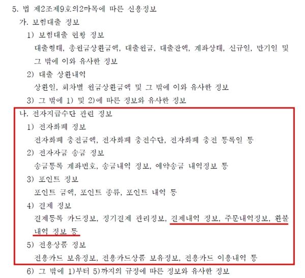  그런데 8월12일부터 실제 적용되는 시행령의 뚜껑을 열어보니 수상한 내용이 포함돼있었습니다. 문제의 조항은 2조 23항 1호의 별표 1입니다. 신설되는 업종인 '본인신용정보관리업'에 해당하는 기업들이 수집·분석·판매할 수 있는 신용정보가 무엇인지 정의한 부분입니다.