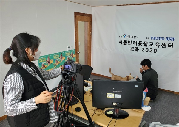 12월 3일 오후 마포구 서교동 동물보호시민단체 카라의 스튜디오에서 반려견 행동 트레이너 이순영씨(오른쪽)가 행동보정교육 온라인 교육 중 시범을 보이고 있다.