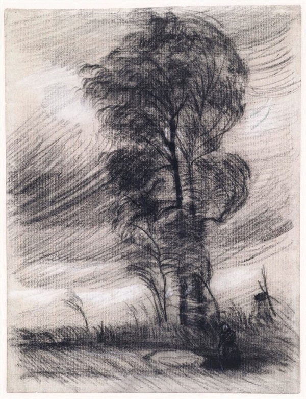 비바람이 치는 들판  거센 비바람을 맞고 꿋꿋하게 서있는 나무 스케치 