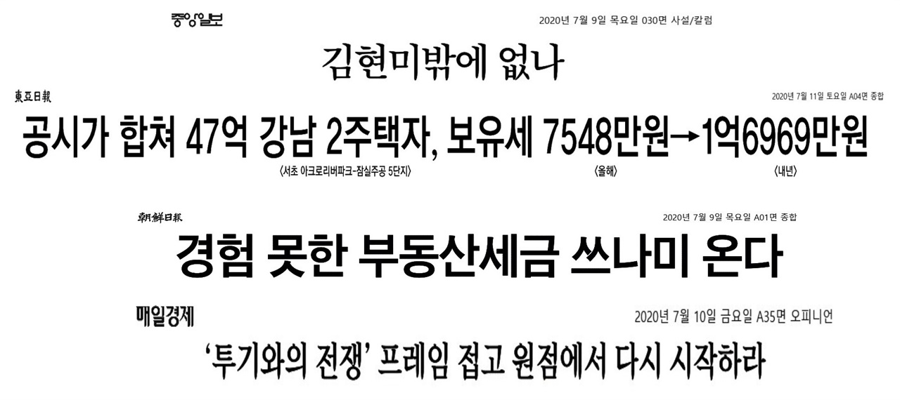  7월 1주 차(7월 6~11일) 부동산 보도 비중이 높았던 4개 신문 보도 제목