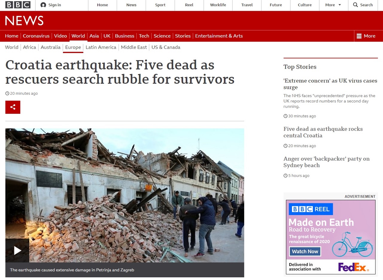  크로아티아 중부에서 발생한 강진 피해를 보도하는  BBC 뉴스 갈무리.