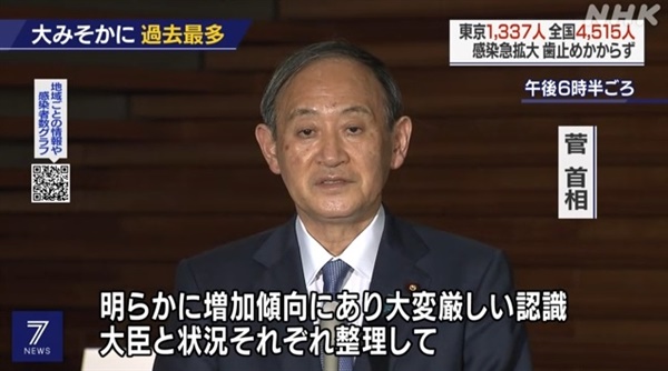  스가 요시히에 일본 총리의 코로나19 사태 관련 기자회견을 보도하는 NHK 뉴스 갈무리.