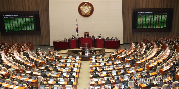 8일 오후 서울 여의도 국회에서 열린 본회의에서 중대재해 처벌 등에 관한 법률안이 가결되고 있다. 